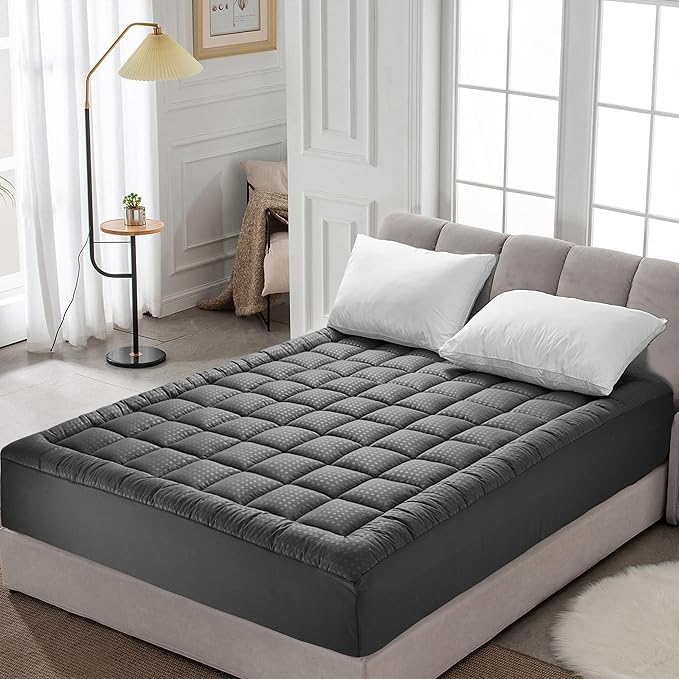 HYLEORY King Mattress Pad Quilted Fitted Mattress Protector Cooling Pillow Top Mattress Cover Breathable Fluffy Soft Mattress Topper with 8-21" Deep Pocket, Dark Grey