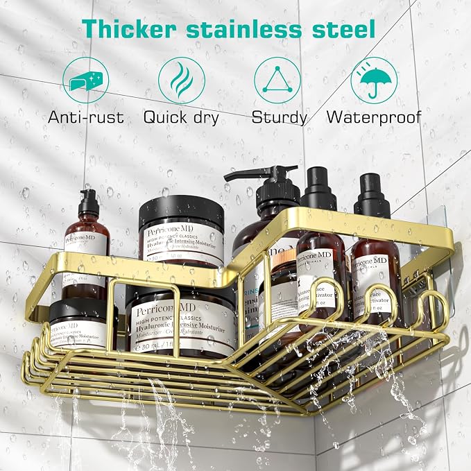 YASONIC Corner Shower Caddy, 3-Pack Adhesive Bathroom Caddy with Soap Holder and 12 Hooks, Rustproof Stainless Steel Shower Organizer, No Drilling Wall Mounted Shower Rack, for Bathroom, Gold - Image 3
