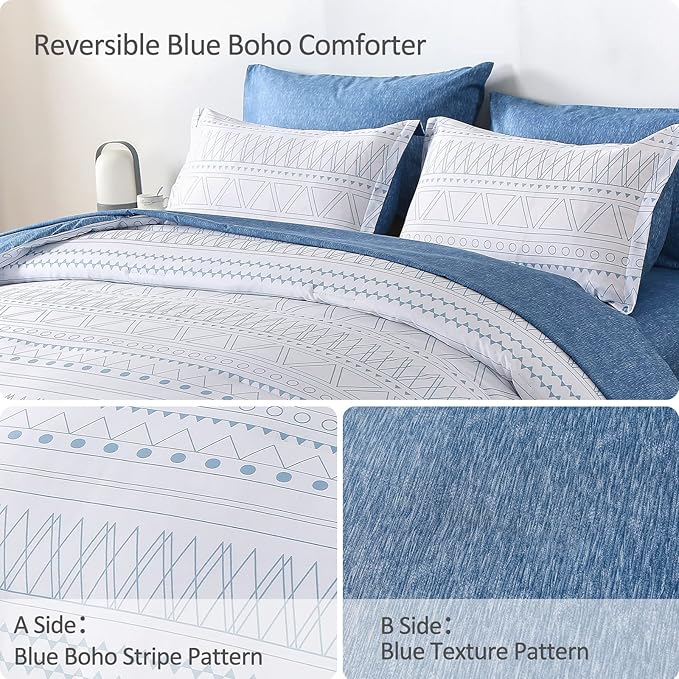 WONGS BEDDING Blue Boho Bed in a Bag Queen,7 Pieces Navy Comforter Set Queen Geometric Comforter Reversible Soft Microfiber Bedding Set with Comforter,Pillowcases,Flat Sheet,Fitted Sheet,Pillow Shams