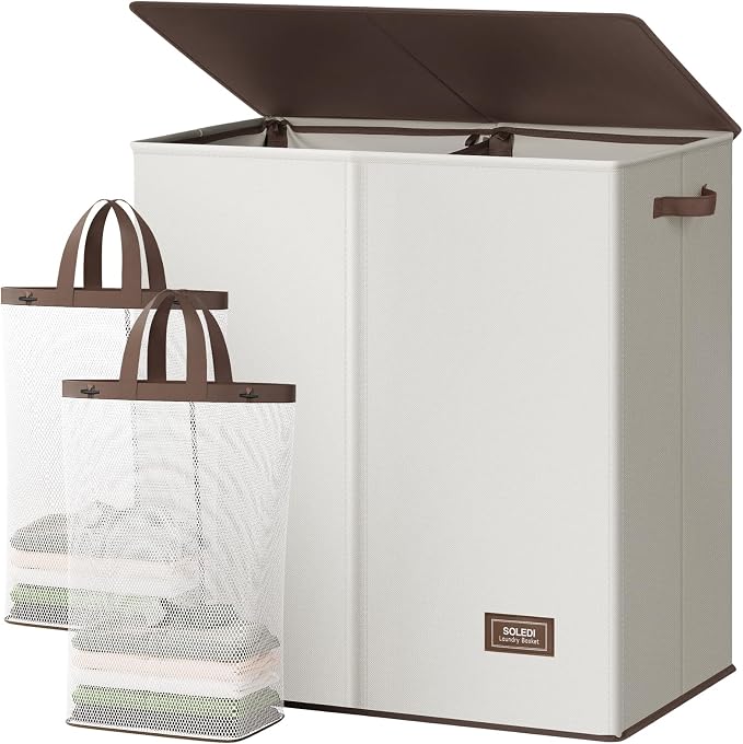 SOLEDI Large Double Laundry Hamper with Lid,165L Collapsible Clothes Hamper 2 section with Removable Bags, Space-Saving Laundry Basket for Bedroom, Dorm, College by SOLEDI