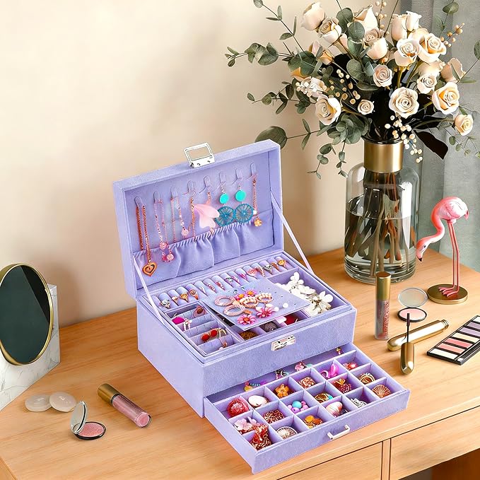 QBestry 3-Layer Jewelry Box for Girls & Teens with Lock and Key, Large Jewelry Organizer with 8 Necklace Hooks & 56 Earring Holes, Violet Velvet Jewelry Storage Box for Necklace Earring Ring Bracelet - Image 6