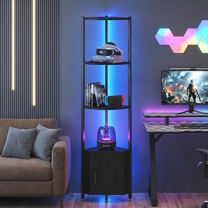 Corner Shelf with Storage, LED Lights 6-Tier Corner Bookshelf, 66'' Organizer Book Shelf Shelves Steel Frame Display Stand with Living Room, Bedroom, Study, Black by Buildyourperfectlife