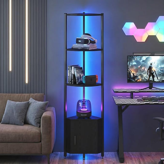 Corner Shelf with Storage, LED Lights 6-Tier Corner Bookshelf, 66'' Organizer Book Shelf Shelves Steel Frame Display Stand with Living Room, Bedroom, Study, Black by Buildyourperfectlife