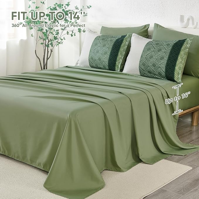 Dinjoy Green King Size Comforter Set,Striped Bed in a Bag King 7 Pieces Soft Microfiber Bedding Comforters Sets Boho Bed Complete Set for Summer All Season