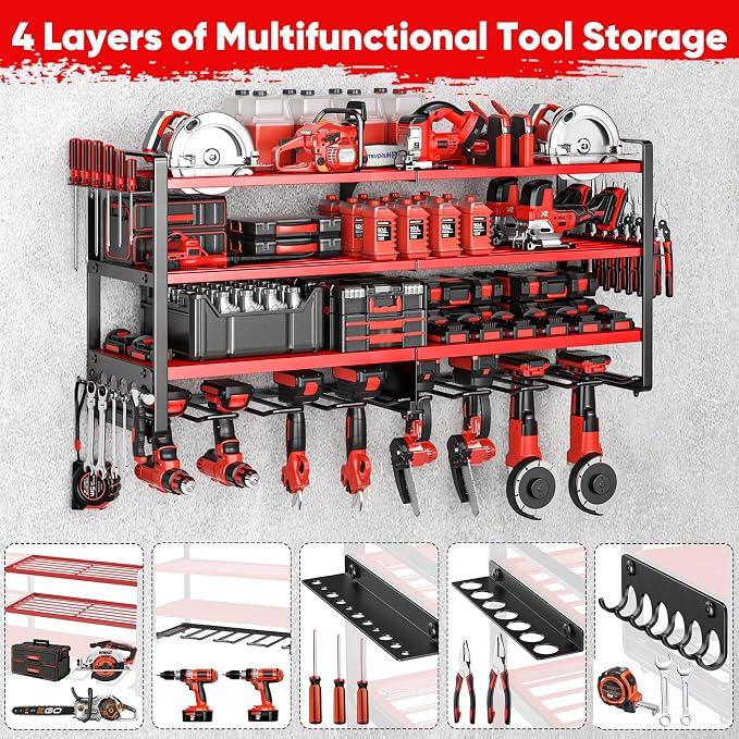 POKIPO Upgrade Large power tool organizer Wall Mount,4 Layers Heavy Duty Metal Loads 400lbs Power Tool Hanger Shelf Battery Storage with 8 Cordless Drill Bit Holder,Utility Racks for Garage Tool Room - Image 4