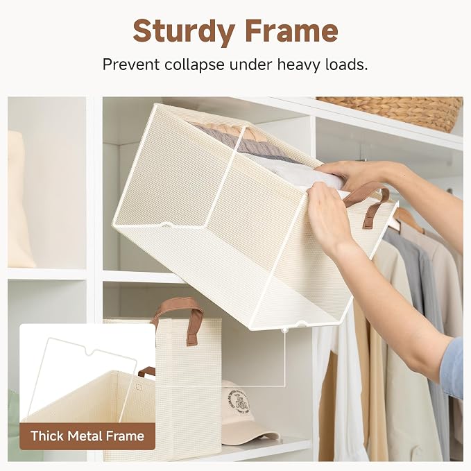StorageWorks Storage Bins, Shelves Baskets for Organizing, Large Fabric Closet Organizers with Handles, Metal Frame, Beige-Texture, 2-Pack - Image 4