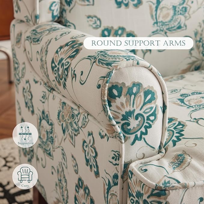 MELLCOM Floral Accent Chair, High Back Upholstered Armchair with Solid Legs, Leisure Single Sofa Chair for Living Room, Bedroom, Home Office, Light Cyan Floral