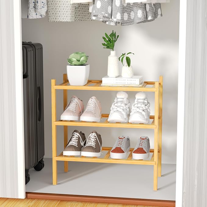 ROMGUAR CRAFT 3-Tier Bamboo Small Shoe Rack, Free Standing Wood Shoe Shelf Storage Organizer for Closet Entryway Stackable (Natural) - Image 6