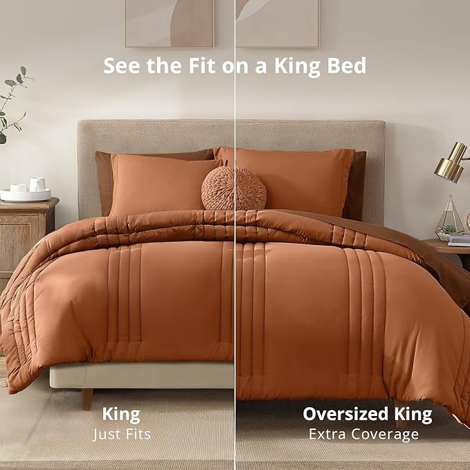 Monbix Oversized King Size Comforter Set - 7 Pieces Burnt Orange Bed in a Bag Oversized King Bedding Sets with Comforters, All Seasons Comforter Bed Set with Sheets, Pillowcases & Shams