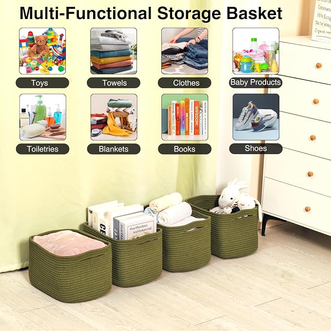 ICERZCZ Storage Basket for Shelves, Small Baskets for Organizing, Woven Cotton Rope Baskets for Storage, Book Basket, Decorative Shelf Basket, 12.5"Lx9.1''Wx7.9''H (4 Packs) Green - Image 4