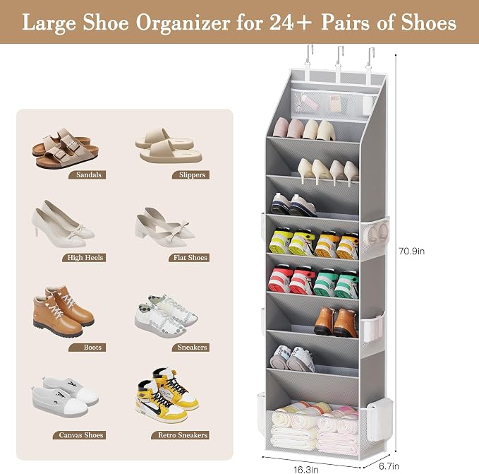 Criusia Shoe Organizer, Over the Door Shoe Organizer, Hanging Closet Shoe Storage with Large Deep Pockets, Fits 16–24 Pairs of Sneakers, Sandals, Boots, Gray - Image 3