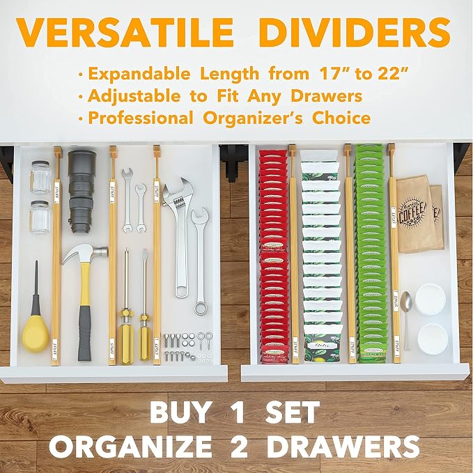 SpaceAid Bamboo Drawer Dividers with Labels, Kitchen Adjustable Drawer Organizers, Expandable Organization for Home, Office, Dressers and Bathroom, 6 Dividers (17-22 in) (Pack of 2) - Image 6