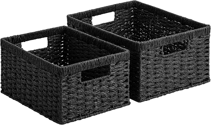 StorageWorks Wicker Storage Baskets for Organizing, Wicker Basket with Handles, Decorative Storage Baskets for Shelves, Black Paper Rope, 2 Pack by StorageWorks