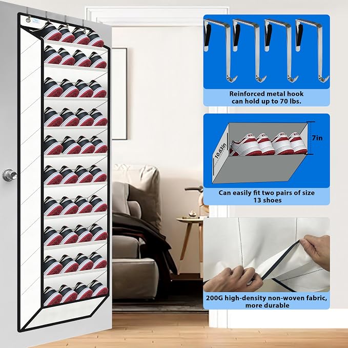 Over the Door Shoe Organizer, 20 to 30 Pairs Hanging Shoe Holder, Heavy Duty Extra Deep Pockets Shoe Storage for Closet, Anti-Scratch Hooks & FSC-Certified Bamboo - White - Image 3