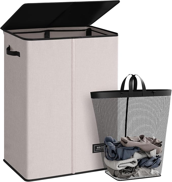 SOLEDI Laundry Hamper with Lid 130L Large & Tall Collapsible Laundry Basket, Clothes Hamper with Bag Removable Easy to Carry, Dirty Hampers for Bedroom, Bathroom, Dorm, College, Light taupe by SOLEDI