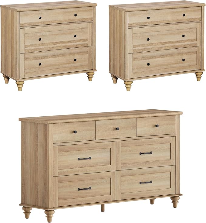 WAMPAT 3 Piece Bedroom Set - Includes Farmhouse 7 Drawer Dresser, Set of 2 Bedside Tables with 3 Drawers, 3 Piece Dresser and Nightstand Sets, Oak