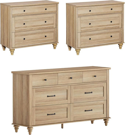WAMPAT 3 Piece Bedroom Set - Includes Farmhouse 7 Drawer Dresser, Set of 2 Bedside Tables with 3 Drawers, 3 Piece Dresser and Nightstand Sets, Oak