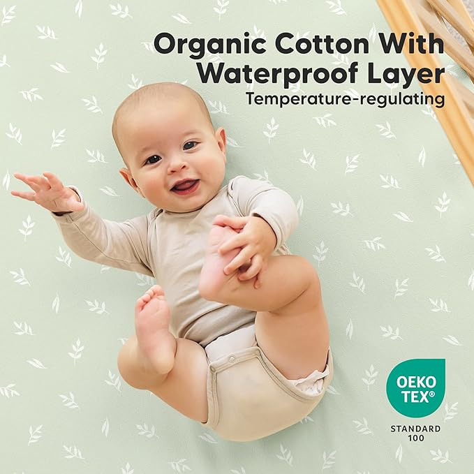 2-Pack Waterproof Crib Sheets for Boys, Girls - 52x28 Fitted Organic Cotton Baby Crib Sheets, Toddler Mattress Protector Cover, Washable, Soft & Durable Baby Bedding Essentials (Herb)