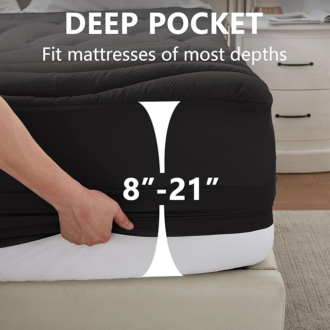 King Size Mattress Pad Waterproof, Cooling Mattress Topper Noiseless, Leak Proof Mattress Protector Deep Pocket Washable, Quilted Fitted Soft King Mattress Pad Cover (78x80 inch, Black)