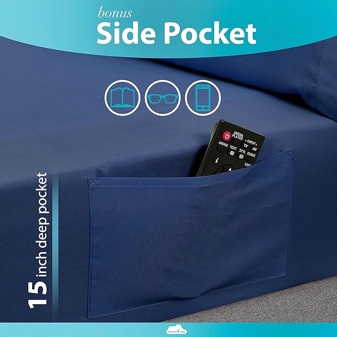 DREAMCARE Twin XL Sheet Sets - 4 pcs Breathable Cooling Bed Sheets - up to 15" Deep Pocket Twin XL Sheets Set with Side Pockets - Extra Soft 100% Brushed Hypoallergenic Hotel Luxury Bedding- Navy Blue