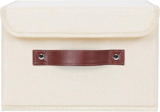ANMINY Storage Bin with Lid Storage Boxes with PU Leather Handles PP Plastic Board Decorative Foldable Lidded Cotton Linen Fabric Home Cubes Baskets Closet Organizer Container - Beige, Small Size - Image 2
