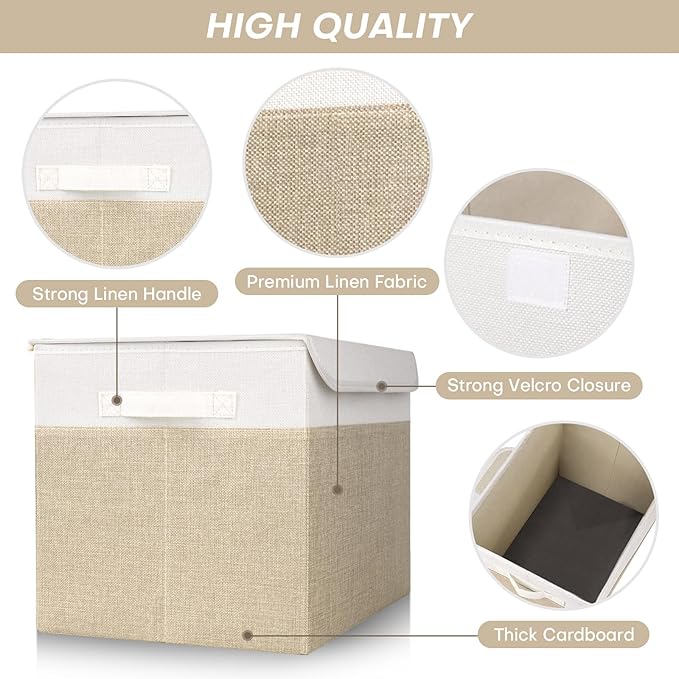 Bagnizer Large 17" 42 Quarts Collapsible Stackable Storage Bins with Lids [3-Pack] Foldable Fabric Linen Storage Boxes Cube, Closet Organizer Baskets with Label (16.7 x 12 x 12, Beige & White) - Image 5