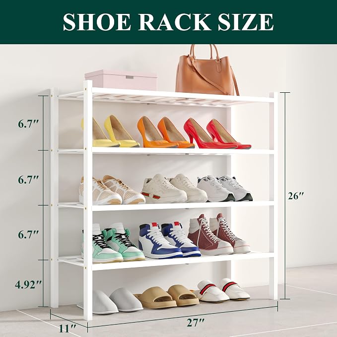 Smiry Shoe Rack, 4 Tier Bamboo Shoe Organizer, Stackable Free Standing Wooden Shoe Storage Shelf for Closet, Entryway, Front Door Entrance, White - Image 2