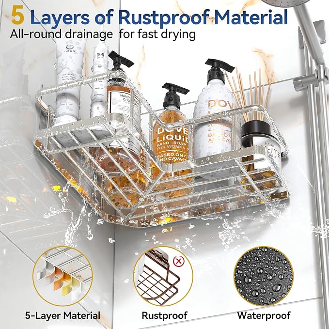 YASONIC Corner Shower Caddy Organizer, Self-Adhesive Rustproof Bath Shelves with Soap Holder & 4 Hooks, Large Capacity Shower Storage Rack for Bathroom Organization, (3Pack, Silver) - Image 3