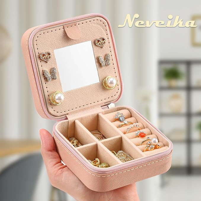 Neveika Jewelry Box with Mirror,Small Jewelry Organizer Box，Travel Jewelry Case for Women，Gift Jewelry Boxes for Female Girls (2pcs mirror pink) - Image 6
