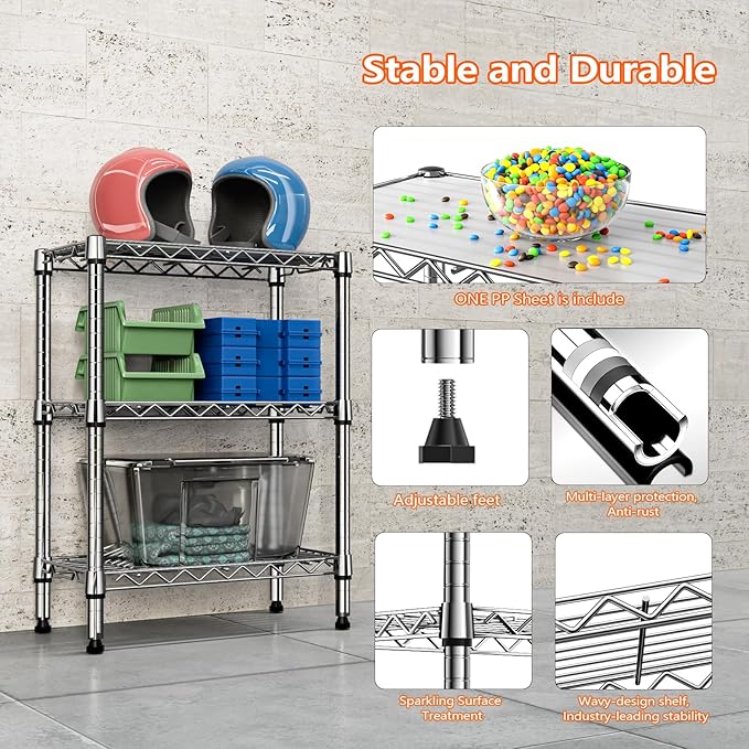 M MZG 750 lbs 3 Tier Shelf Metal Storage Shelves Wire Rack Closet Organizers with PP Board for Garage Kitchen Bathroom Laundry Chrome 11.8" D x 21.7" W x 28.6" H - Image 7