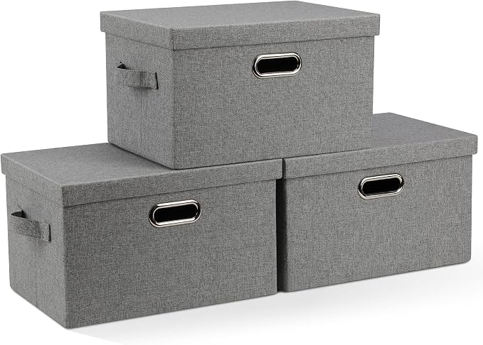 Graciadeco Medium 15" 21 Quart Collapsible Stackable Storage Bins with Lids, 3 Packs Grey Foldable Fabric Closet Boxes Heavy-duty Linen Cube Baskets Container for Bedroom Office (15 x 11 x 8) by GraciadecoStorage