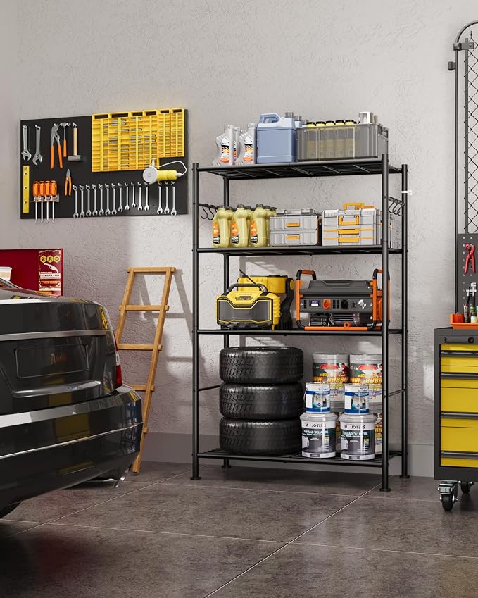 Sakugi Storage Shelves - 4-Tier Spacious Shelf Organizer with Hooks & Leveling Feet, Easy to Assemble, Rust-Resistant Garage Shelving for Kitchen, Pantry, Bedroom, 33.2" x 12.7" x 57.3", Black - Image 2
