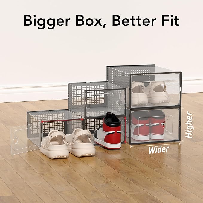 Foluck X-Large Shoe Storage Box, 15 Pack Clear Plastic Stackable Shoe Organizer for Closet, Interlocking Design Shoe Container Bins for Sneakers, Foldable Shoe Rack with Lids, Black - Image 3