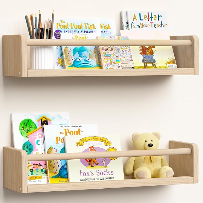 upsimples 2 Pack Nursery Book Shelves, 15.7 Inch Floating Bookshelves for Wall, Baby Nursery Decor, Small Solid Wood Wall Mounted Shelves for Baby Kids Boys Girls, Natural by upsimples