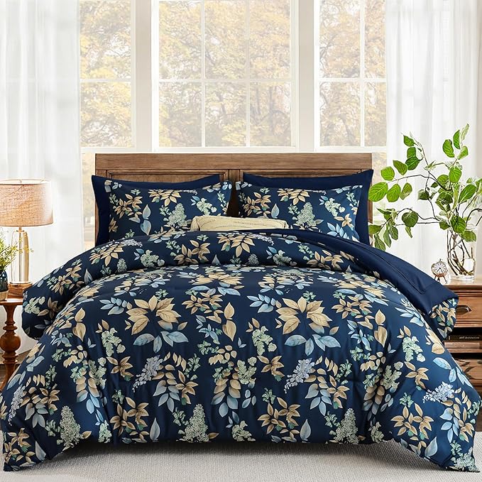Cottolester Navy Blue Comforter Set Queen Size Floral 7-Piece Bedding Set,Botanical Comforter Set with Pillowcases,Soft Microfiber Complete Bedding Sets for All Season