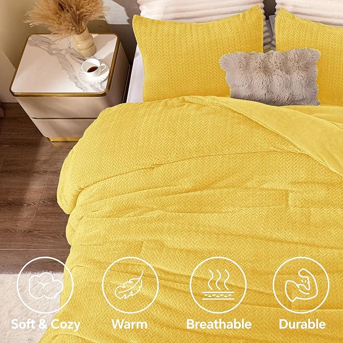 Flannel Fleece Queen Comforter Set - Furry Yellow Leaves Pattern Faux Fur Bed Set, Winter Ultra Soft Fuzzy Comfort Set, Velvet Bedding Set for Bed with 2 Pillow Cases