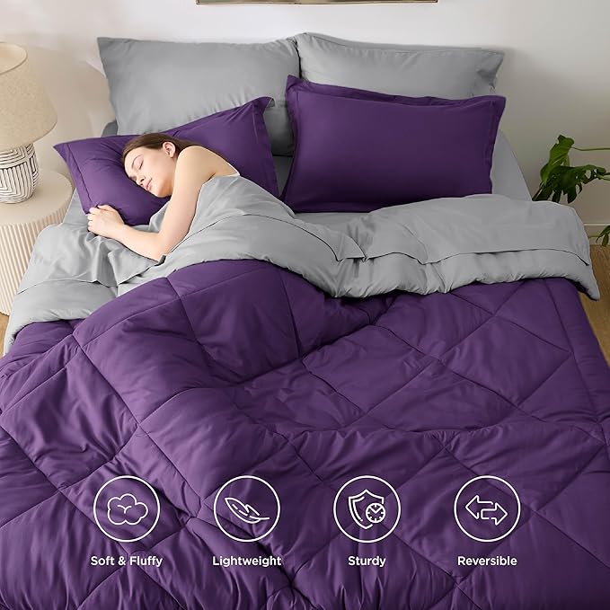 Bedsure Queen Comforter Set - 7 Pieces Reversible Purple Bedding, Queen Size Bed Set for All Seasons, Bed in a Bag with Down Alternative Comforter, Sheets, Pillowcases & Shams