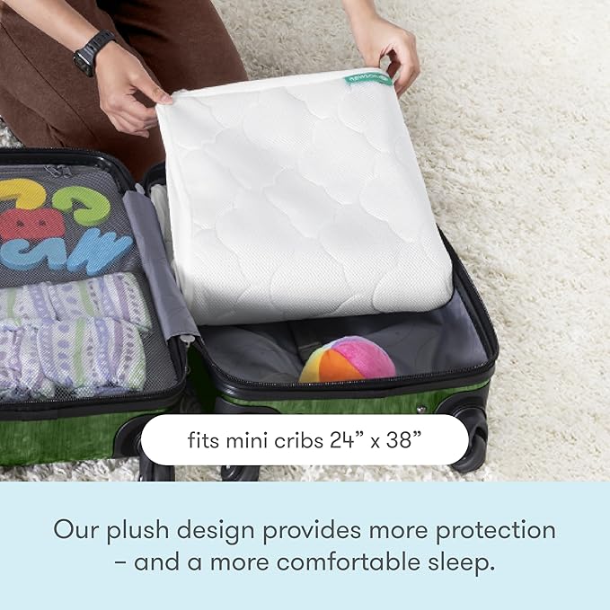 Newton Baby Waterproof MINI Crib Mattress Pad | Ultra-Breathable Quilted Layer for Comfort & Universal Fitted Skirt for Secure Fit | Machine Washable | MINI Crib Mattress Protector Pad, 1 Pack