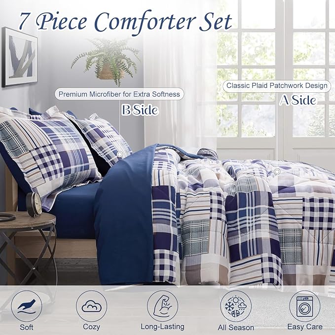 Comforter Set King Size Plaid Patchwork Comforter Bedding-7 Piece Bed in a Bag,Soft Fluffy Reversible Microfiber Bedding Set(1 Comforter,1 Flat Sheet,1 Fitted Sheet,2 Pillowcases,2 Pillow Shams),Navy