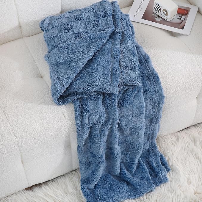 Dusty Blue Fleece Throw Blanket 108”×90” for Couch Sofa Bed,Super Soft Cozy Plush Microfiber Flannel Blanket with 3D Checkered Design Lightweight for Adults,Woman,Girls