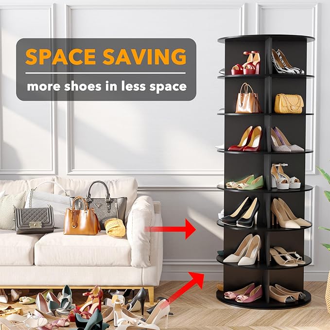 SpaceAid 7 Tier Rotating Shoe Rack Tower, Spinning Shoe Display Lazy Susan, Revolving 360 Shoe Rack Storage Round Carousel, Vertical Handbag Rotate Shoes Closet Organization (7-Tier Black) - Image 3
