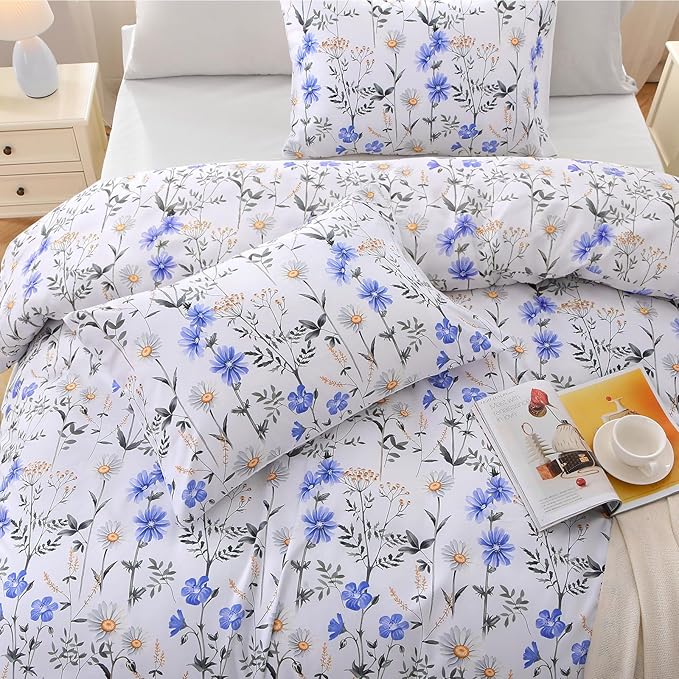 MUXHOMO Blossom Blue Full Comforter Set, Elegant Floral Print Bed in a Bag 7 Pieces, Ultra Soft & Breathable Reversible Botanical Pattern Bedding Set with Comforter, Sheets, Pillowcases, and Shams