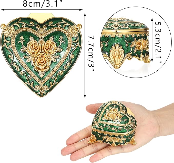 Hipiwe Vintage Jewelry Storage Box Heart Shaped Trinket Box Green Decorative Keepsake Box with Rose Pattern Treasure Organizer Holder for Women - Image 3