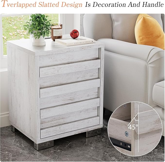LUXOAK 3 Pcs Bedroom Furniture Sets, Farmhouse Full Size Bed Frame with 49" Tall Headboard and Nightstand Sets of 2 with Charging Station, Slated Handles & Stainless Steel Feet, Distressed White