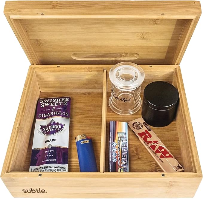 Subtle Rolling Tray Stash Box - Large Bamboo Box w/Ample Storage Space to Organize Herb Accessories - Comes with Convertible Rolling Tray Lid - (10" x 8" x 3.5") by Subtle