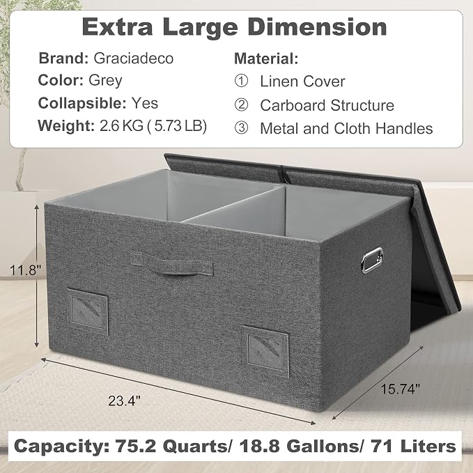 Graciadeco 75 Quarts Extra Large Decorative Storage Bins with Lids, 3 Packs Gray Collapsible Storage Bins with Lids, Stackable Storage Bins Decorative Box Storage With Lid Extra Large - Image 2