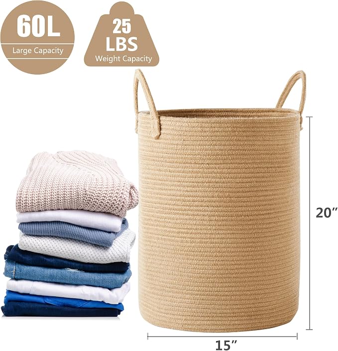 60L Jute Woven Laundry Hamper Basket Wicker Rope Clothes Hamper Tall Rattan Blanket Basket in Living Room Bedroom 15Dx20H Inches Large - Image 3