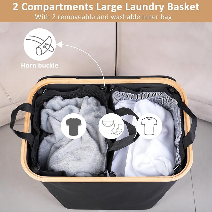 iEGrow 150L Laundry Basket with Lid,Large Laundry Hamper with Bamboo Handles, Hampers for Laundry, Dirty Clothes Hamper with 2 Removable Inner Bags for Clothes Toys Towels,Black - Image 3