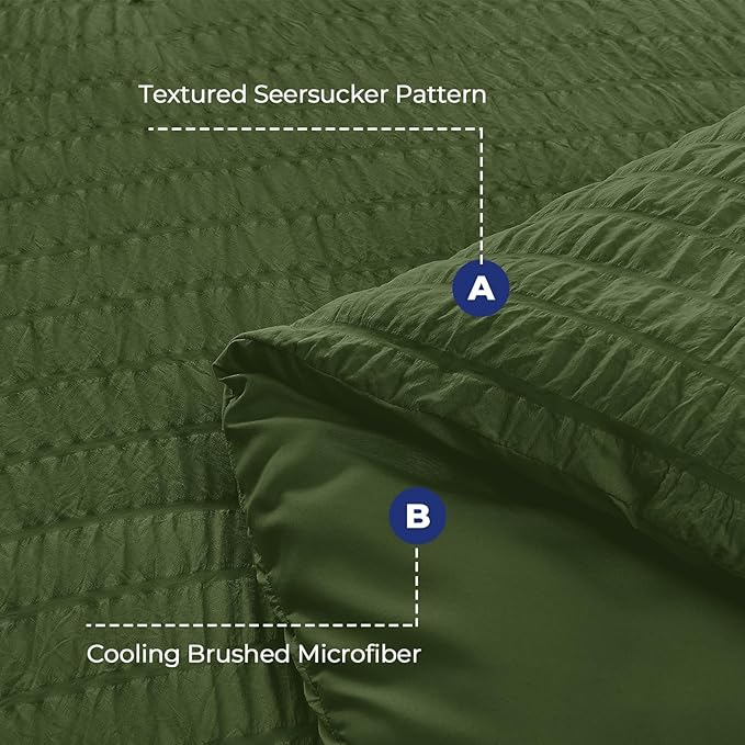 HYMOKEGE Olive Green King Size Comforter Set Seersucker 7 Pieces, All Season Luxury Bed in a Bag for Bedroom, Bedding Set with Comforter, Sheets, Pillowcases & Shams