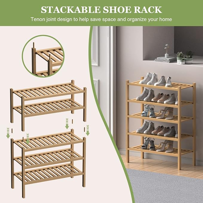 ROMGUAR CRAFT (Thick Bamboo Shoe Rack for Entryway, 3-Tier Free Standing Shoe Racks Stackable Shoe Rack Organizer for Hallway Closet Living Room 27 x12 x21 Inches - Image 5